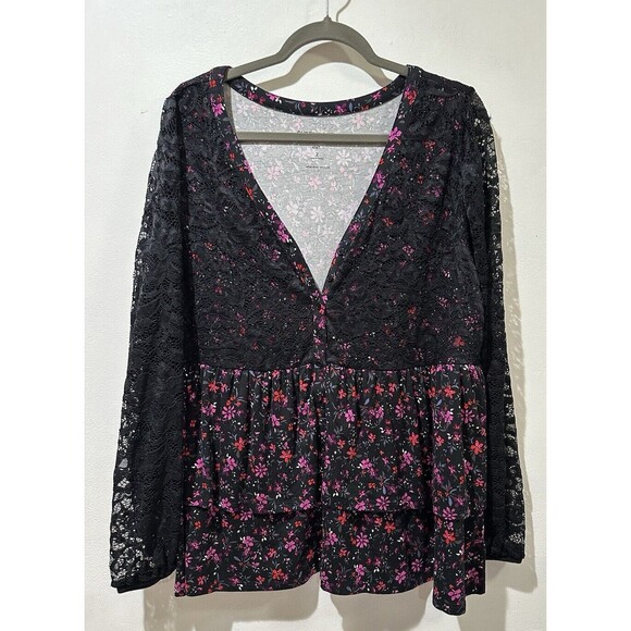 Torrid Women's Black Baby-doll Lace Super Soft Mix Tiered Button Down Top 18-20 - Picture 2 of 10